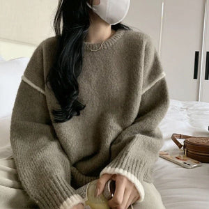 Autumn and winter Korean version sweater women's literary and retro loose and simple crew neck top design contrasting color versatile pullover knitted sweater - Negative Apparel