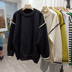 Autumn and winter Korean version sweater women's literary and retro loose and simple crew neck top design contrasting color versatile pullover knitted sweater - Negative Apparel