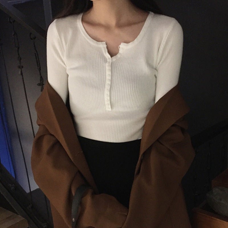 Autumn and winter Korean version with V - neck long - sleeved pullover bottoming sweater slim and thin elastic pit strip knitted sweater top women - Negative Apparel