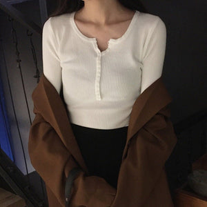 Autumn and winter Korean version with V - neck long - sleeved pullover bottoming sweater slim and thin elastic pit strip knitted sweater top women - Negative Apparel