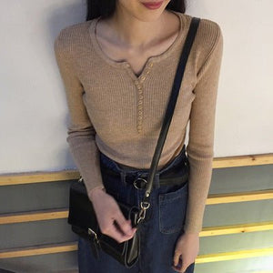 Autumn and winter Korean version with V - neck long - sleeved pullover bottoming sweater slim and thin elastic pit strip knitted sweater top women - Negative Apparel