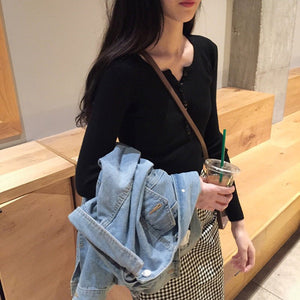 Autumn and winter Korean version with V - neck long - sleeved pullover bottoming sweater slim and thin elastic pit strip knitted sweater top women - Negative Apparel