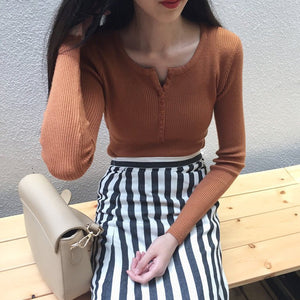 Autumn and winter Korean version with V - neck long - sleeved pullover bottoming sweater slim and thin elastic pit strip knitted sweater top women - Negative Apparel