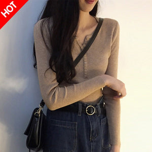 Autumn and winter Korean version with V - neck long - sleeved pullover bottoming sweater slim and thin elastic pit strip knitted sweater top women - Negative Apparel