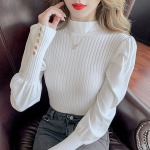 Autumn and winter new bubble sleeve sweater female foreign style explosion fashion personality semi - turtleneck medium collar slim fit inner bottoming shirt - Negative Apparel