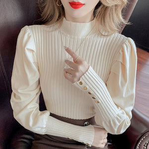 Autumn and winter new bubble sleeve sweater female foreign style explosion fashion personality semi - turtleneck medium collar slim fit inner bottoming shirt - Negative Apparel