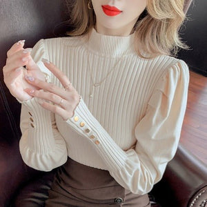 Autumn and winter new bubble sleeve sweater female foreign style explosion fashion personality semi - turtleneck medium collar slim fit inner bottoming shirt - Negative Apparel