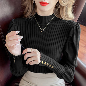 Autumn and winter new bubble sleeve sweater female foreign style explosion fashion personality semi - turtleneck medium collar slim fit inner bottoming shirt - Negative Apparel