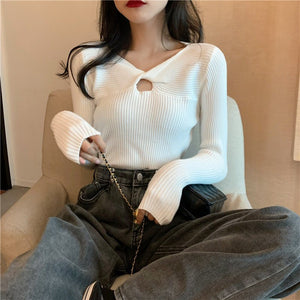 Autumn and winter new knitted sweater women's heart machine hollow bottoming shirt design sense with V - neck long - sleeved slim top - Negative Apparel