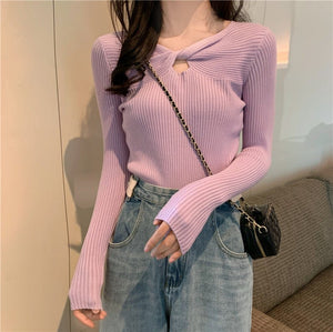Autumn and winter new knitted sweater women's heart machine hollow bottoming shirt design sense with V - neck long - sleeved slim top - Negative Apparel