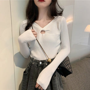 Autumn and winter new knitted sweater women's heart machine hollow bottoming shirt design sense with V - neck long - sleeved slim top - Negative Apparel
