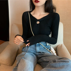 Autumn and winter new knitted sweater women's heart machine hollow bottoming shirt design sense with V - neck long - sleeved slim top - Negative Apparel