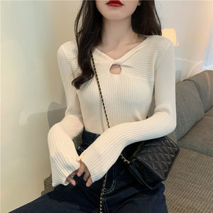 Autumn and winter new knitted sweater women's heart machine hollow bottoming shirt design sense with V - neck long - sleeved slim top - Negative Apparel