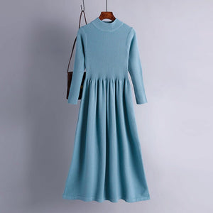 Autumn and winter semi - turtleneck pendulum long knitted dress waist thin long - sleeved sweater backing skirt women's core - spun yarn - Negative Apparel