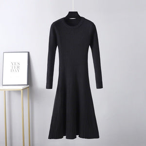 Autumn and winter slim - fitting dress women's medium and long skirt new round neck long skirt solid color inner with bottom sweater skirt A - word skirt - Negative Apparel
