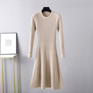Autumn and winter slim - fitting dress women's medium and long skirt new round neck long skirt solid color inner with bottom sweater skirt A - word skirt - Negative Apparel