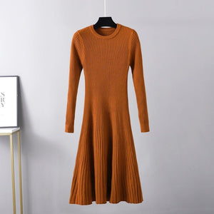Autumn and winter slim - fitting dress women's medium and long skirt new round neck long skirt solid color inner with bottom sweater skirt A - word skirt - Negative Apparel