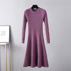Autumn and winter slim - fitting dress women's medium and long skirt new round neck long skirt solid color inner with bottom sweater skirt A - word skirt - Negative Apparel