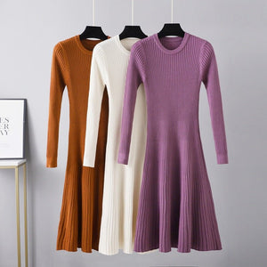 Autumn and winter slim - fitting dress women's medium and long skirt new round neck long skirt solid color inner with bottom sweater skirt A - word skirt - Negative Apparel