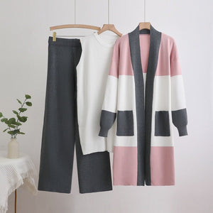 Autumn cardigan jacket knitted three - piece vest wide - leg pants casual lazy set - Negative Apparel