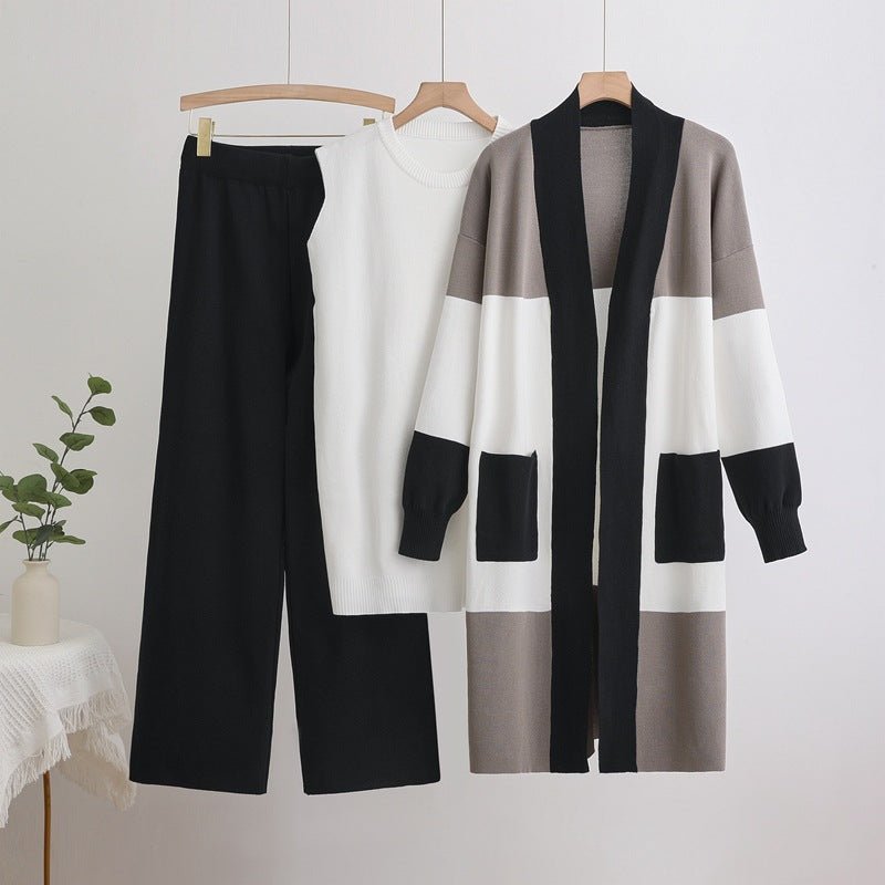 Autumn cardigan jacket knitted three - piece vest wide - leg pants casual lazy set - Negative Apparel