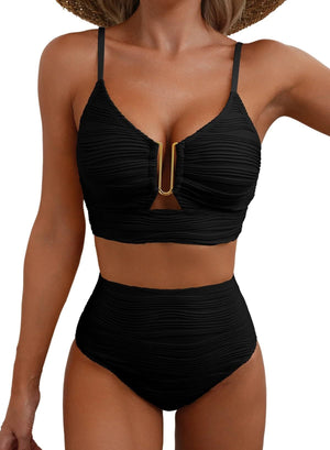 Azure Coast | Textured V - Neck High - Waist Bikini Set - Negative Apparel