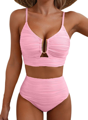 Azure Coast | Textured V - Neck High - Waist Bikini Set - Negative Apparel