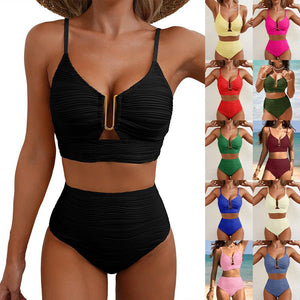 Azure Coast | Textured V - Neck High - Waist Bikini Set - Negative Apparel