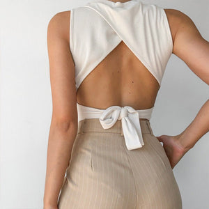 Backless Cross Strap Bowknot Top Women Sleeveless Pullover Round Neck Vest - Negative Apparel