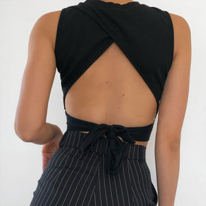 Backless Cross Strap Bowknot Top Women Sleeveless Pullover Round Neck Vest - Negative Apparel