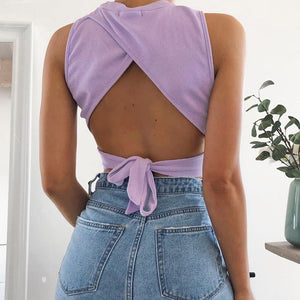 Backless Cross Strap Bowknot Top Women Sleeveless Pullover Round Neck Vest - Negative Apparel