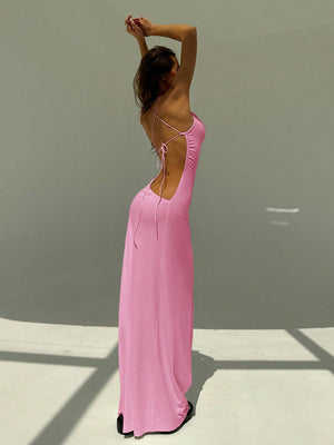 Backless Spaghetti Strap Tight Deep Draped Neck Long Dress For Women - Negative Apparel