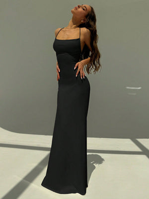Backless Spaghetti Strap Tight Deep Draped Neck Long Dress For Women - Negative Apparel