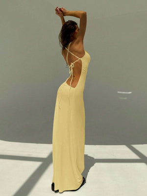 Backless Spaghetti Strap Tight Deep Draped Neck Long Dress For Women - Negative Apparel