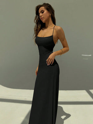 Backless Spaghetti Strap Tight Deep Draped Neck Long Dress For Women - Negative Apparel