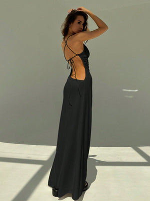 Backless Spaghetti Strap Tight Deep Draped Neck Long Dress For Women - Negative Apparel