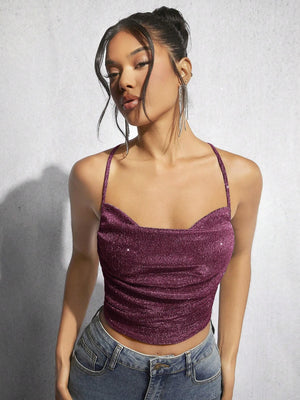 BAE Draped Crisscross Backless Ruched Glitter Cami Top - Negative Apparel