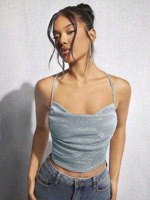 BAE Draped Crisscross Backless Ruched Glitter Cami Top - Negative Apparel