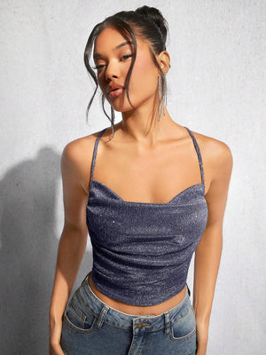 BAE Draped Crisscross Backless Ruched Glitter Cami Top - Negative Apparel