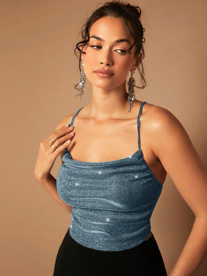 BAE Draped Crisscross Backless Ruched Glitter Cami Top - Negative Apparel