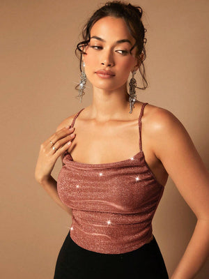 BAE Draped Crisscross Backless Ruched Glitter Cami Top - Negative Apparel