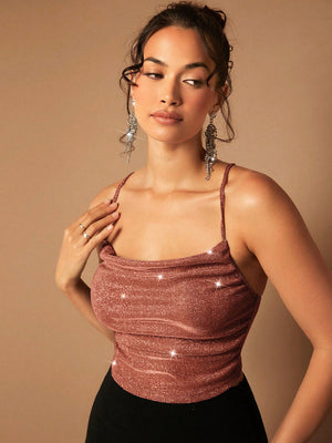 BAE Draped Crisscross Backless Ruched Glitter Cami Top - Negative Apparel