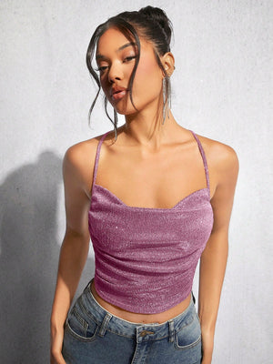 BAE Draped Crisscross Backless Ruched Glitter Cami Top - Negative Apparel