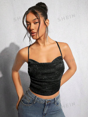 BAE Draped Crisscross Backless Ruched Glitter Cami Top - Negative Apparel