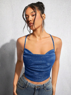 BAE Draped Crisscross Backless Ruched Glitter Cami Top - Negative Apparel