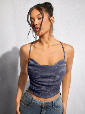 BAE Draped Crisscross Backless Ruched Glitter Cami Top - Negative Apparel