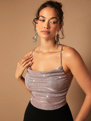 BAE Draped Crisscross Backless Ruched Glitter Cami Top - Negative Apparel