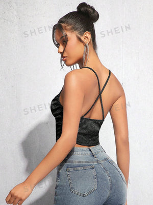 BAE Draped Crisscross Backless Ruched Glitter Cami Top - Negative Apparel