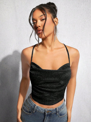 BAE Draped Crisscross Backless Ruched Glitter Cami Top - Negative Apparel