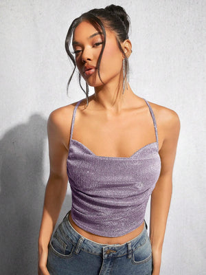 BAE Draped Crisscross Backless Ruched Glitter Cami Top - Negative Apparel